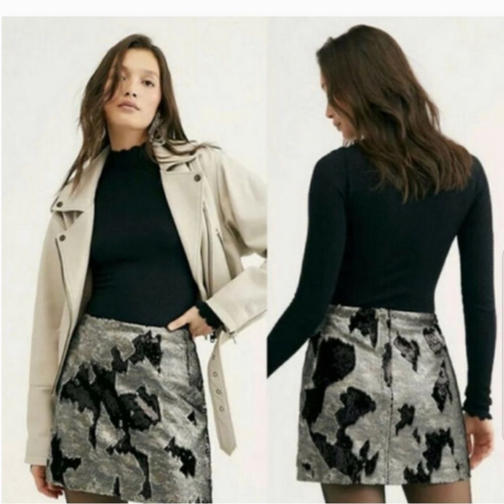 Free People FP One Camo Sequin Reversible Mini Skirt NWT Size 12